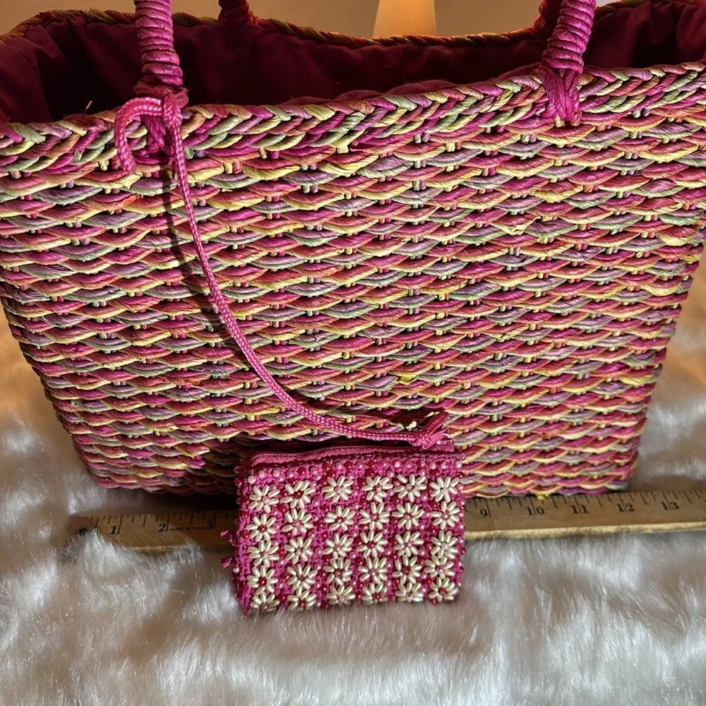 Vintage straw bag orange, green, pink, purple (make an original Easter basket) - Picture 2 of 10